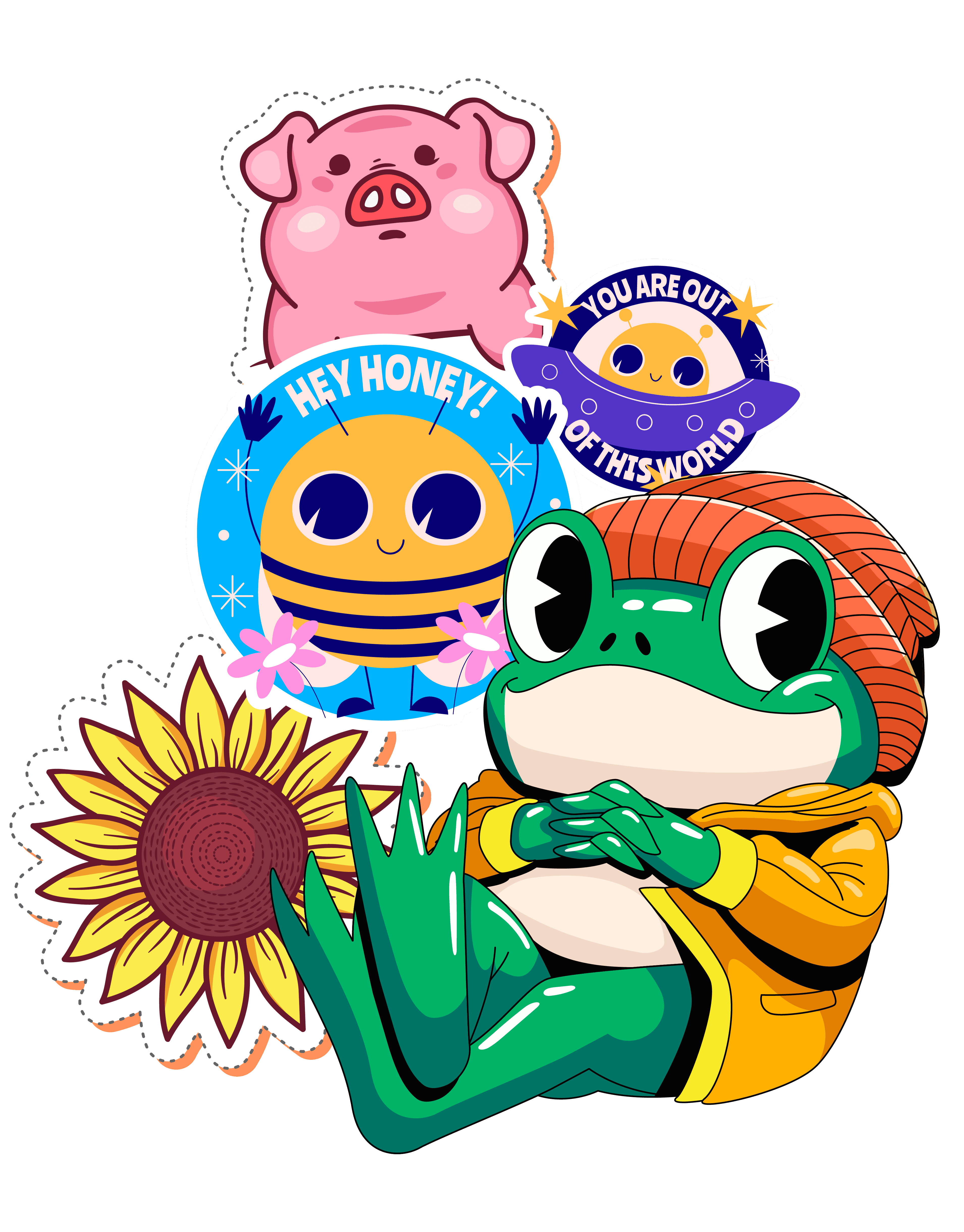 Ejemplos de stickers UV DTF impresos por DTFlash — ilustraciones a todo color